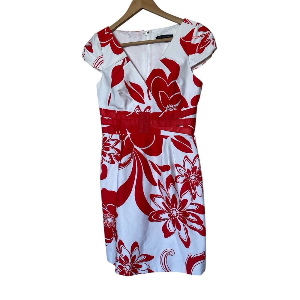 David Meister Sheath Dress 2 Red White Floral Cap Sleeve V-Neck Ribbon Belt‎